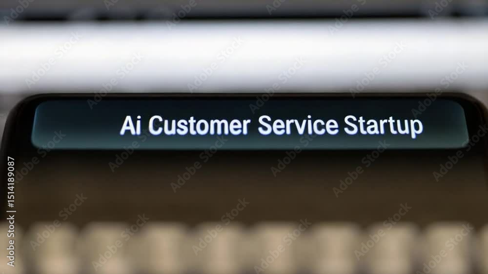 Poster ai customer service startup technology innovation on digital screen with blurred keyboard for modern