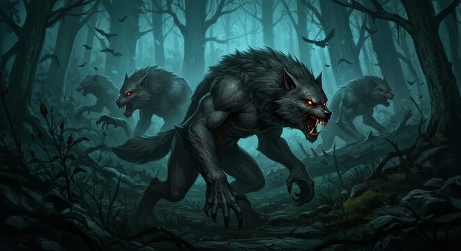Pixel Art Illustration of Werewolf Pack Roaring in a Dark Forest
