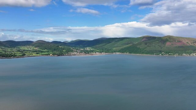 Drone Aerial View of across the Carlingford Lough towards the Mourne Mountains cable car Co Down Northern Ireland