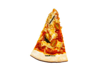 Slices of pizza on white background.