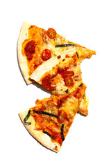 Slices of pizza on white background.