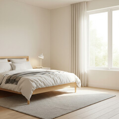 A bright, minimalist bedroom with a wooden bed, white linens, a large window, and neutral colors. Natural light floods the space creating a calm and serene atmosphere.
