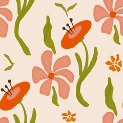 Orange flower with green leaf seamless pattern
