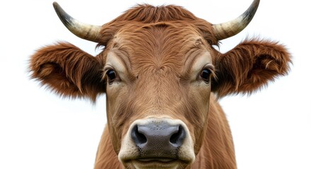 Naklejka premium Portrait of Brown Cow With Horn Isolated on White Background