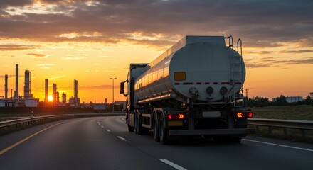 Obraz premium Photo of Tanker Truck on Road at Sunset for Transportation Industry