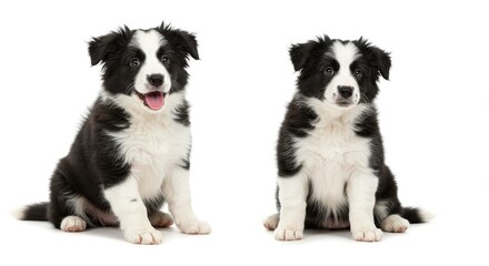 Fototapeta premium Photo of Two Black and White Puppies Sitting on White Background