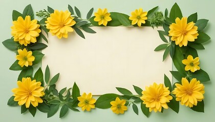 Obraz premium Delicate Yellow Floral Frame with Fresh Green Leaves and Soft Background