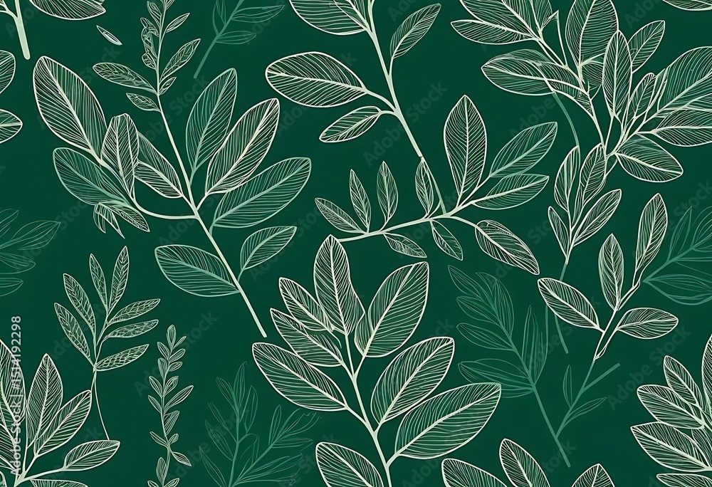 Poster elegant botanical pattern with outline foliage on deep forest green backdrop