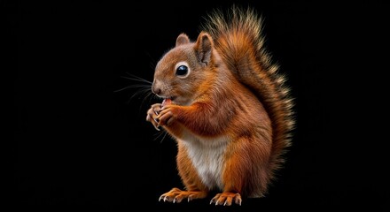 Realistic Illustration Of Brown Squirrel Eating Nuts On Black Background