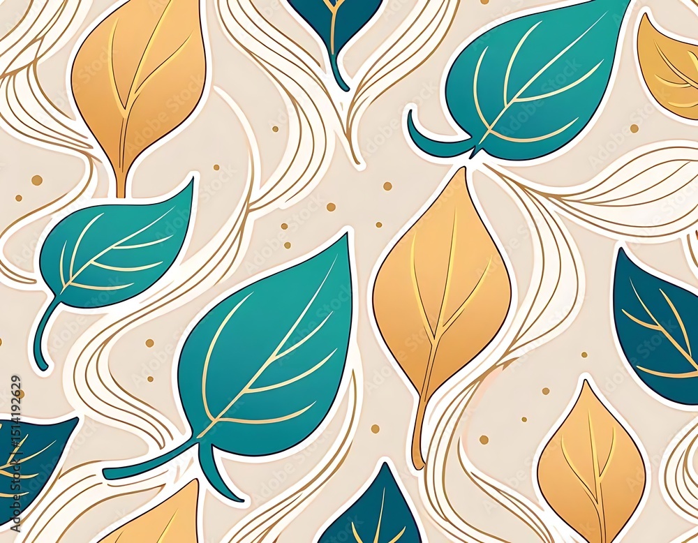 Poster elegant leaf pattern with wavy lines and subtle golden accents backdrop
