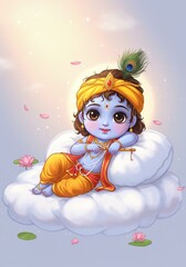 Illustration Of Baby Krishna Resting On Cloud With Lotus Petals