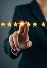Realistic Image Hand Touching Glowing Five Stars Customer Satisfaction