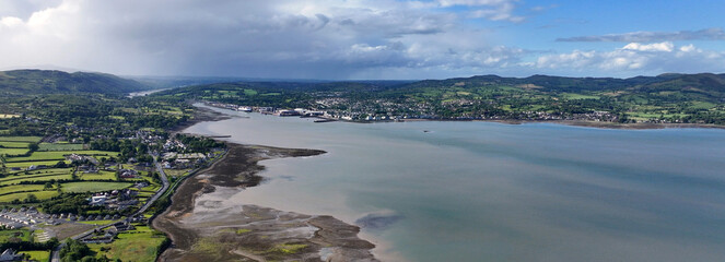 Fototapeta premium Panoramic Drone Aerial View of Mourne Mountains cable car Down Northern Ireland