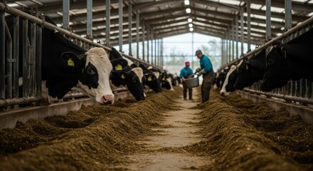 Realistic Image of Cows Eating Food at Barn, Agricultural Production