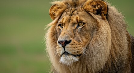 Obraz premium Realistic Portrait Of Majestic Lion With Brown Fur And Golden Mane