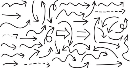 Diverse HandDrawn Arrow Collection Pointing Arrows, Curvy Lines, Dashed Indicators for Design and Illustration Projects