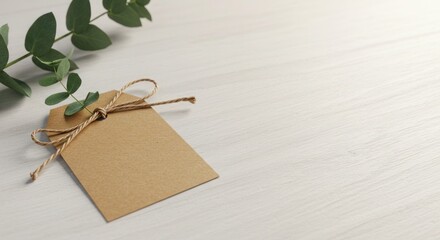 Minimalist tag adorns painted wood surface