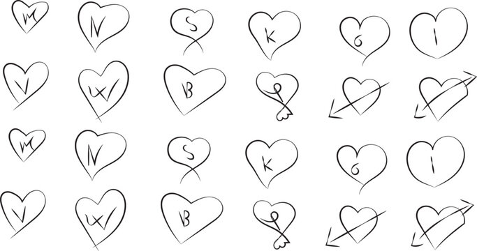 HandDrawn Hearts with Initials, Arrows, and Doodles on White Background, Design Element
