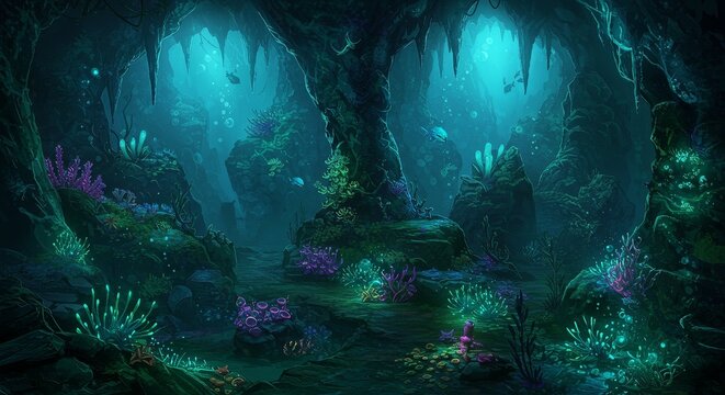 Pixel Art Underwater Cave Landscape Coral Reef Nature Digital Art