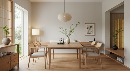 Realistic Interior Rendering of a Dining Room with Wooden Furniture