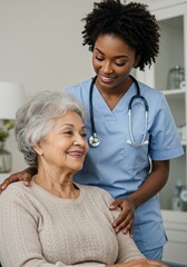 Realistic Photo Affectionate Nurse Cares Senior Woman Medical Home