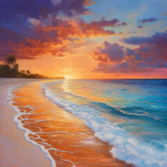 A tropical paradise beach with soft sands, clear ocean waters, and a vibrant sunset painting the sky in warm hues. 