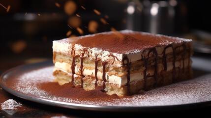 Low-Angle Tiramisu with Perfect Layers in Italian Café Setting