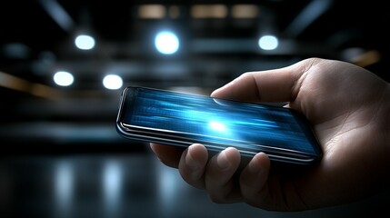 A hand holds a smartphone with a glowing digital display, suggesting modern technology and mobile communication in a dark environment