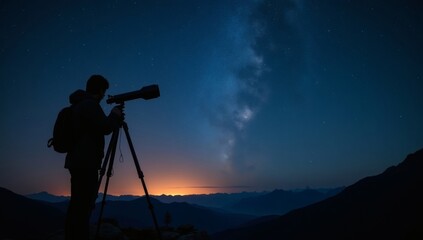 A silhouette of a person using a telescope at night to view the Milky Way, with mountains and stars in the background