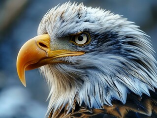 Profile of a bald eagle with intense expression against a dark background.