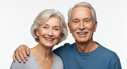 Portrait of a Cheerful Elderly Couple Smiling Together in White Background