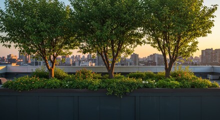 Rooftop Garden Trees Greenery with Urban Skyline Panoramic Sunset View