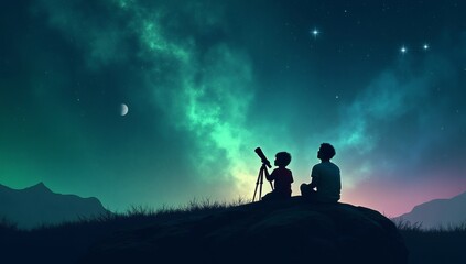 A child and an adult stargazing with a telescope under a stunning night sky full of stars and nebulae