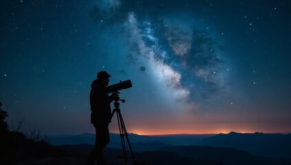 A person stargazing with a telescope, the Milky Way shining brightly above and mountains in the distance during a beautiful night