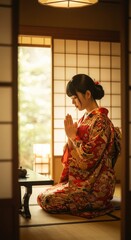 Profile Portrait of Woman in Kimono Praying on Tatami Indoors