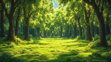 Fototapeta premium Sunny Forest Path with Lush Green Trees, and Nature.