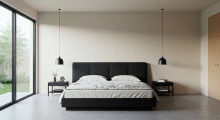 Realistic Bedroom Interior Design with Black Bed and Modern Decor