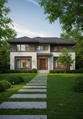 Realistic House Exterior Modern Architecture Home Design Trees Lawn