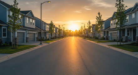 Fototapeta premium Suburban Street Lined with Modern Houses at Sunset Golden Hour