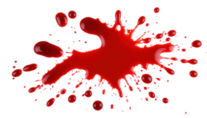 A blood splatter smear stain is overlaid on a white backgroud