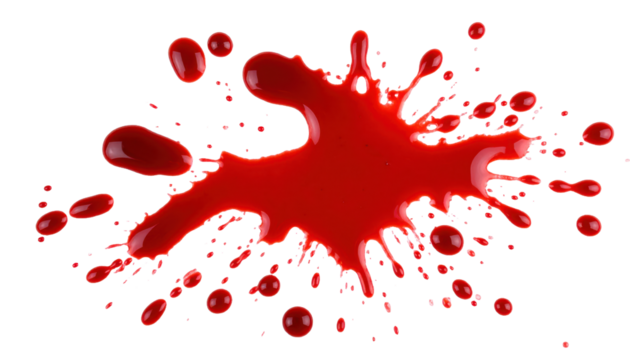 A blood splatter smear stain is overlaid on a white backgroud