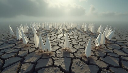 White Flags on Cracked Earth Landscape