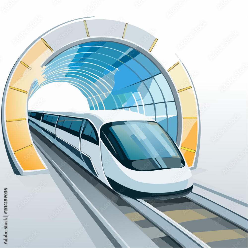 Poster hyperloop vehicle in tunnel, showing speed, tech design, and low-resistance shape.