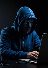 Realistic Image of Hacker in Hoodie Typing with Cyber Security Theme