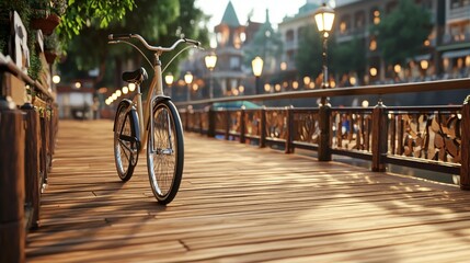 A vintage bicycle sits on a wooden boardwalk along a canal, bathed in golden sunlight, with charming European-style buildings in the background