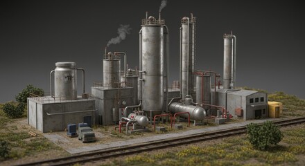Fototapeta premium Realistic Image of Industrial Plant with Metal Tanks and Railroad
