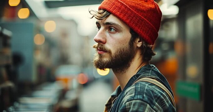 Portrait of a young man with a beard wearing a red cap looking at the camera. The background is blurred, an industrial setting with warm lighting