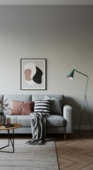 Realistic Interior Gray Sofa Pillow Art Image Comfortable Living Room