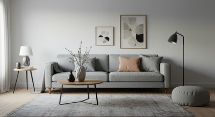 Realistic Interior Gray Sofa Set Home Decor Artwork Style Design