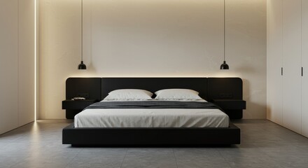 Realistic Interior of a Minimalist Bedroom with Black and White Design